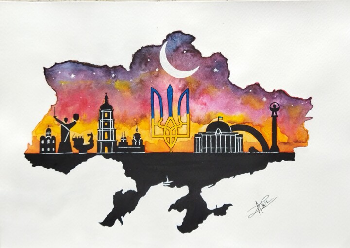 Drawing titled "Kyiv Symbol" by Rahul Shakya, Original Artwork, Watercolor