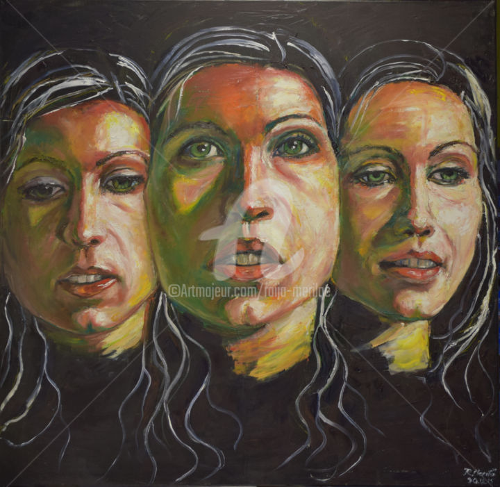 Painting titled "Three Faces 1" by Raija Merilä, Original Artwork, Oil