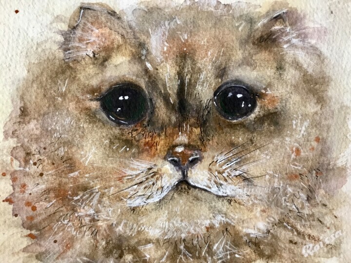 Malerei mit dem Titel "Fluffy cat original…" von Raissa Kagan, Original-Kunstwerk, Aquarell