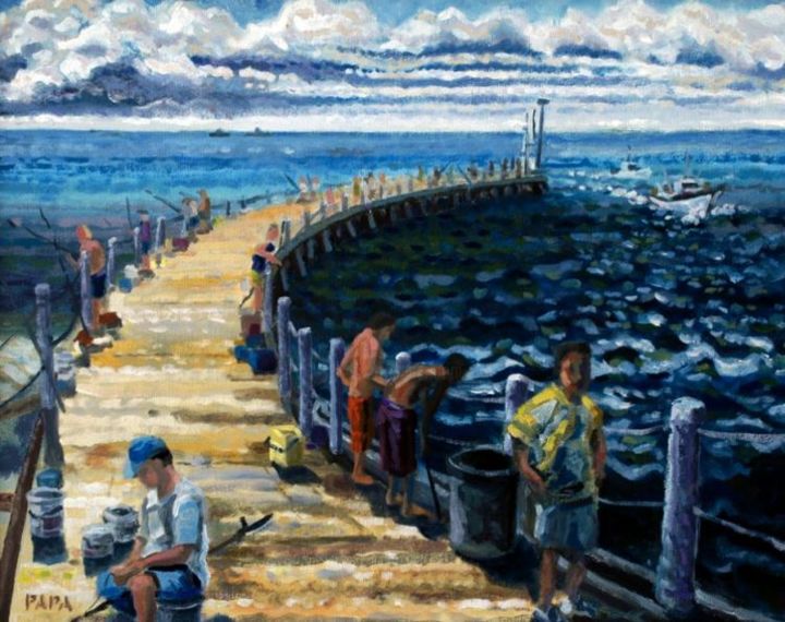 Malerei mit dem Titel "On The Pier" von Ralph Papa, Original-Kunstwerk, Öl