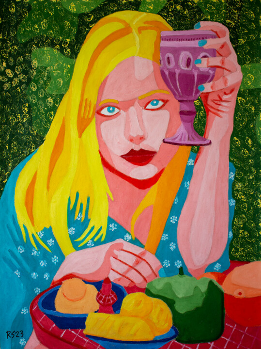 Malerei mit dem Titel "Woman and Wine" von Randall Steinke, Original-Kunstwerk, Öl Auf Keilrahmen aus Holz montiert