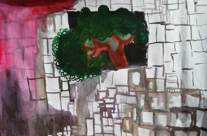 Schilderij getiteld "tree coming out of…" door Ranjith Kk, Origineel Kunstwerk, Aquarel