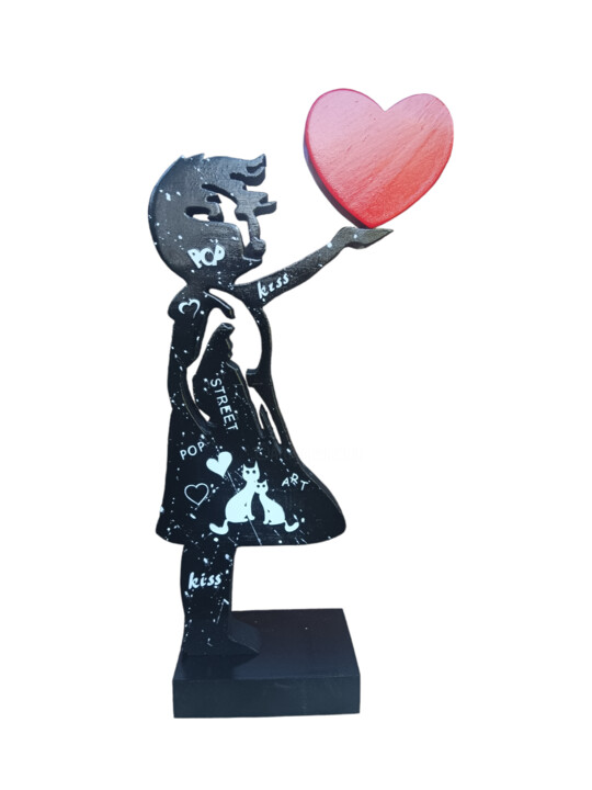 Escultura titulada "BANKSYWOOD chat love" por Ravi, Obra de arte original, Madera