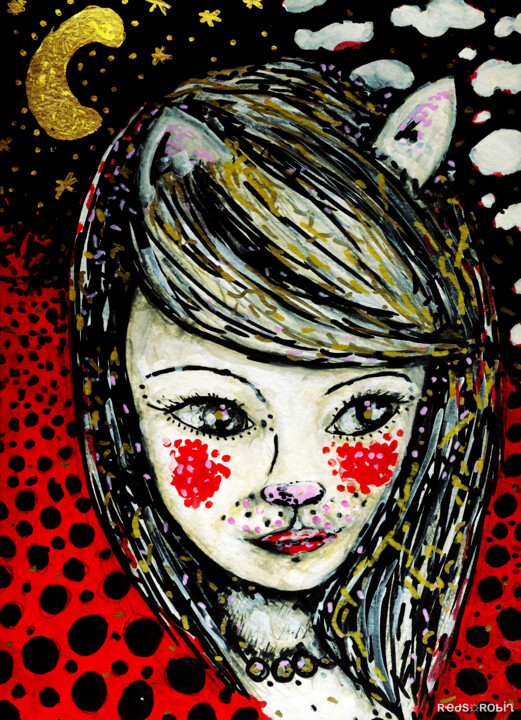 Tekening getiteld "Femma Chat - Mirage" door Karine Garelli (Reds Robin), Origineel Kunstwerk, Marker