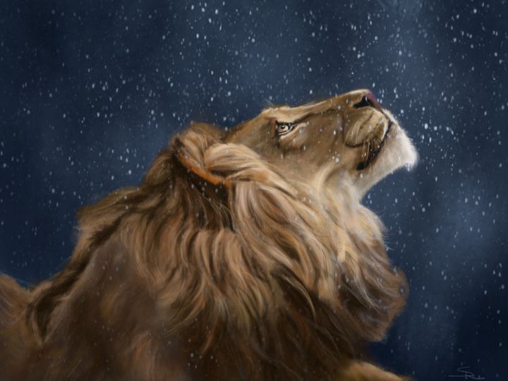 Digital Arts titled "Lion in The Snow" by Sara-Rahel Roulet, Original Artwork, Digital Painting