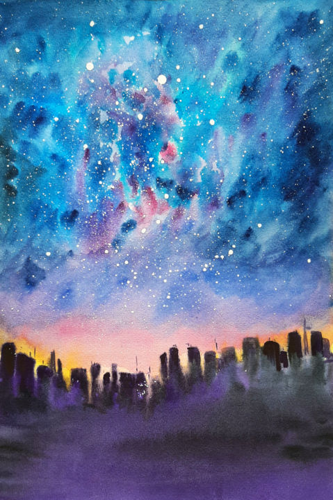 Peinture intitulée "Starry night in tow…" par Regina Ishina, Œuvre d'art originale, Aquarelle