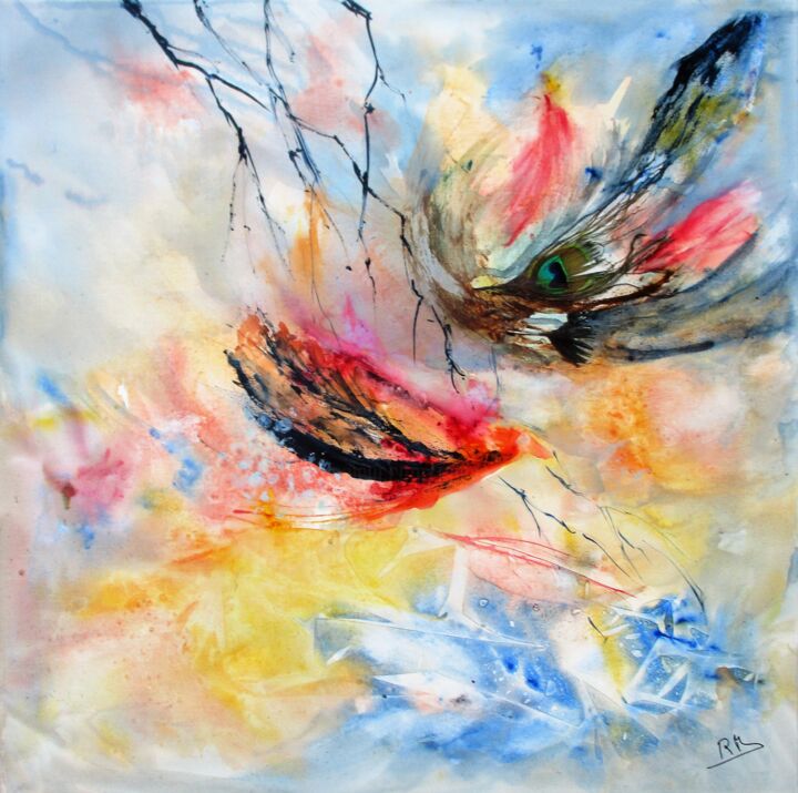 Painting titled "Prête-moi ta plume" by Navema, Original Artwork, Watercolor Mounted on Wood Stretcher frame