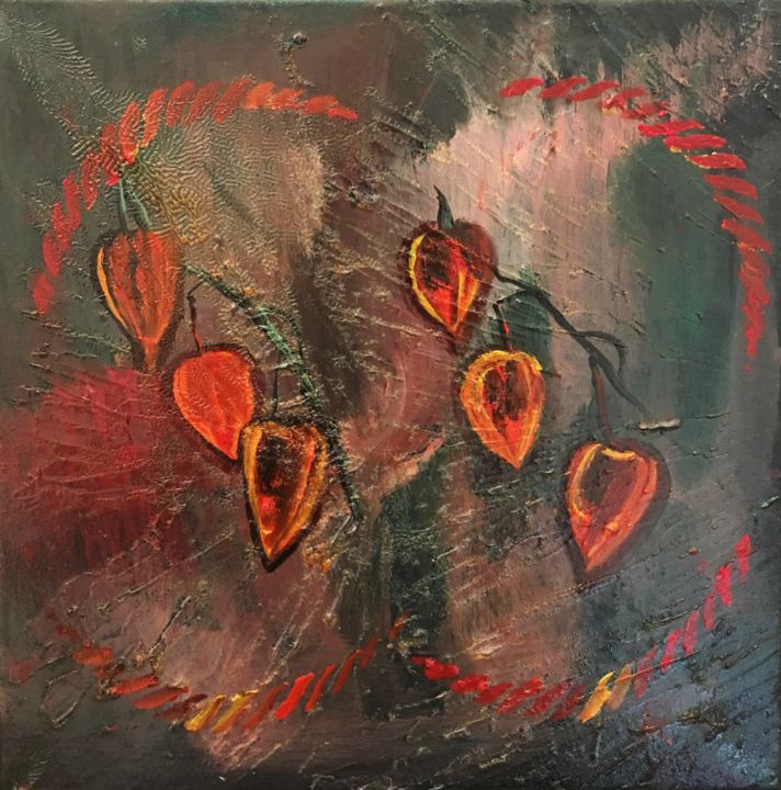 Painting titled "Lampions leuchten" by Renate Kock, Original Artwork, Acrylic