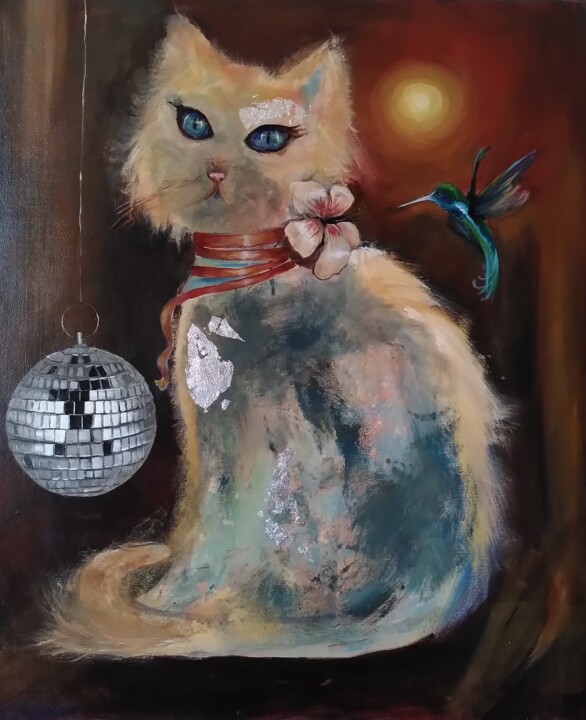 Painting titled "Fluffy moonlightcat…" by Renate Scheinhardt, Original Artwork, Acrylic Mounted on Wood Stretcher frame