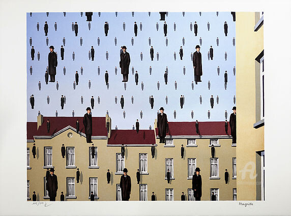 제목이 "Golconde"인 판화 René Magritte로, 원작, 리소그래피