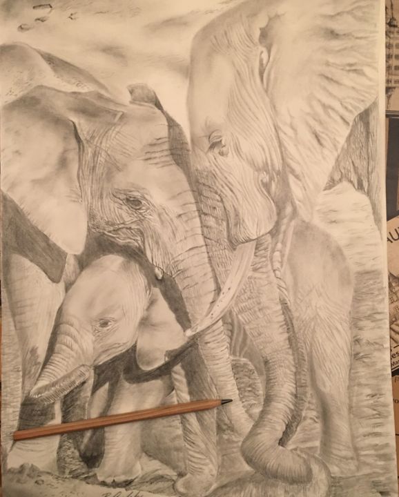 Peinture intitulée "animal-elephant-fam…" par Rich Appleby, Œuvre d'art originale