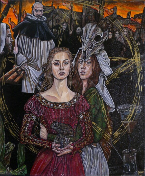 Painting titled "Jeanne et Macette" by Ricou', Original Artwork, Gouache Mounted on Wood Stretcher frame