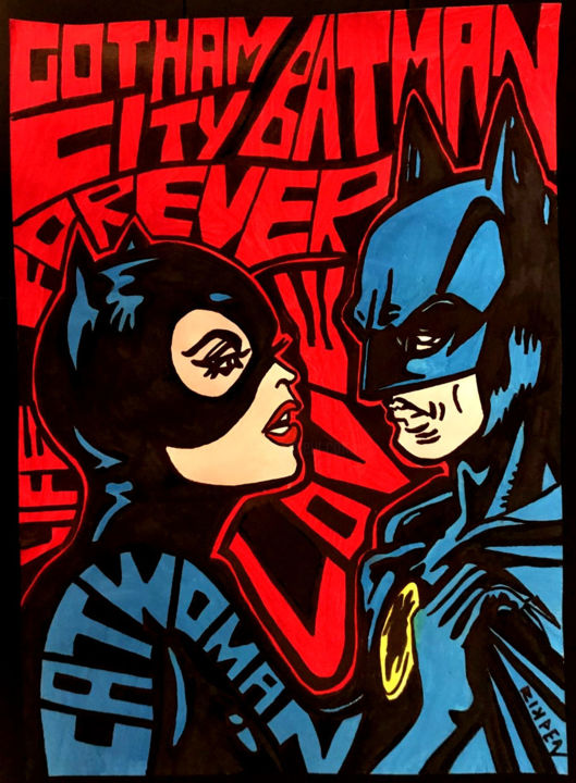 Catwoman E Batman In Love, Painting by Rikpen | Artmajeur