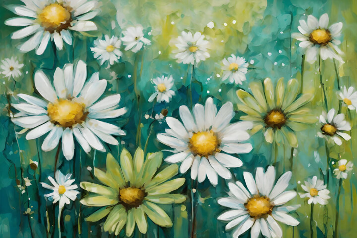 Digitale Kunst mit dem Titel "Abstract daisies la…" von Rimma Savina, Original-Kunstwerk, Digitale Malerei