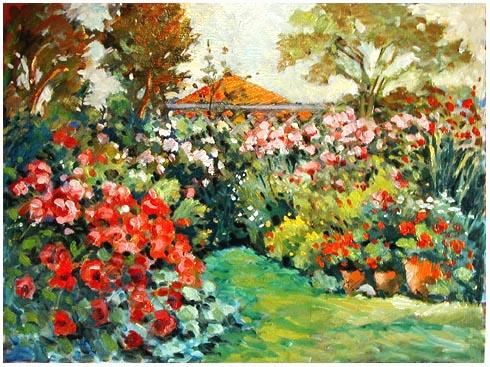 Painting titled "Cottage garden" by Rita Monaco, Original Artwork, Oil