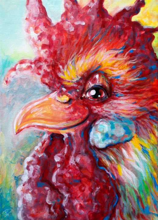 Painting titled "Betty's Cockerel" by River E. C. Darling, Original Artwork, Acrylic