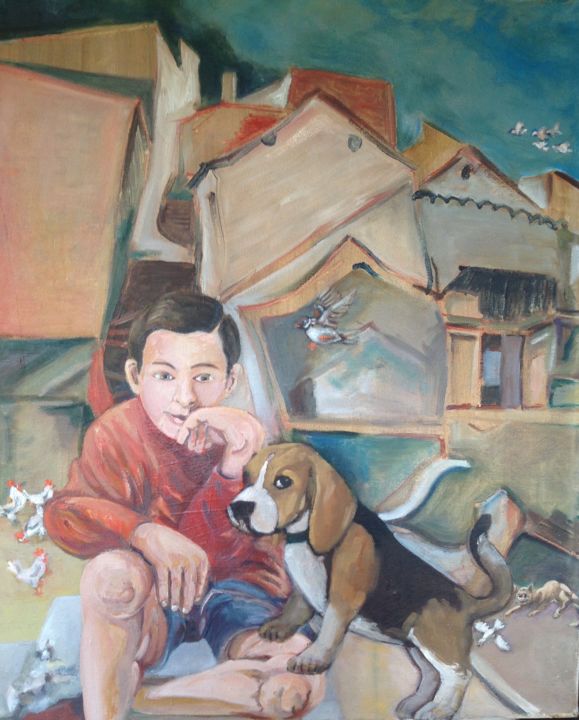 Pintura titulada "Chico-con-perro.jpg" por Martiche, Obra de arte original, Oleo