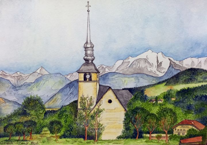 Painting titled "L'église de Cordon.…" by Bob, Original Artwork, Gouache