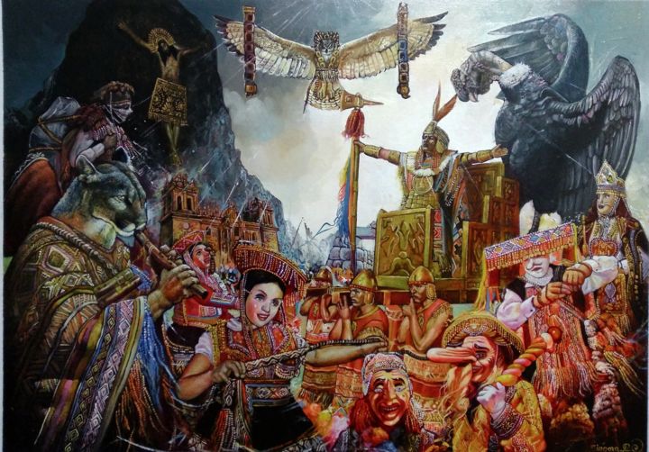 Pittura intitolato "Qosqochay Raymikipi…" da Roberth Singona (El chincherino), Opera d'arte originale, Olio