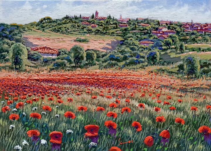 Pintura titulada "Red blooming under…" por Roberto Gai, Obra de arte original, Oleo Montado en Bastidor de camilla de madera