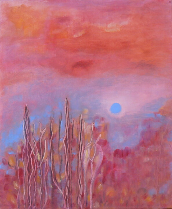 Painting titled "Soleil bleu" by Roche Marie T., Original Artwork, Oil Mounted on Wood Stretcher frame