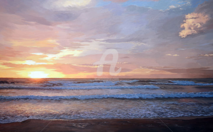 Pintura titulada "Amanecer en playa d…" por Juan Rodriguez, Obra de arte original, Oleo