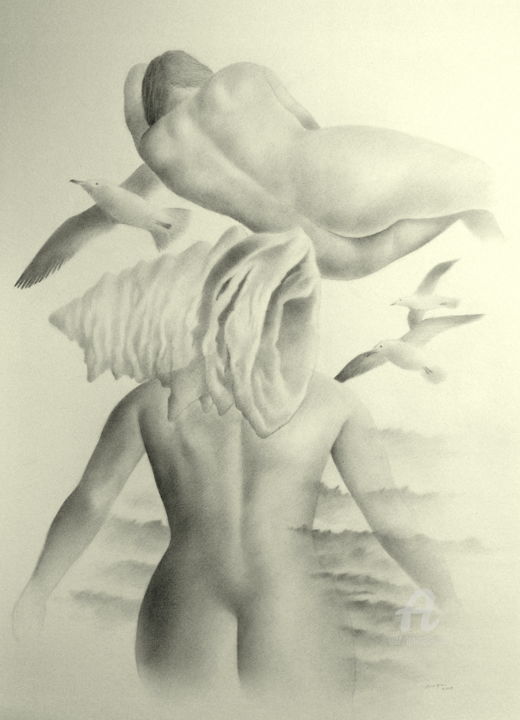 Drawing titled "nudes and seagulss" by Roger Thijs, Original Artwork, Graphite