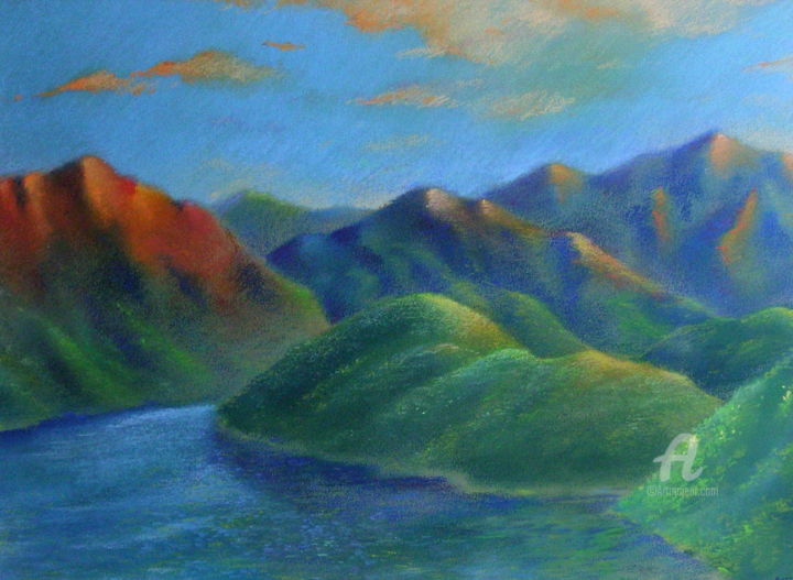 Drawing titled "Sunset in the mount…" by Roger Thijs, Original Artwork, Pastel