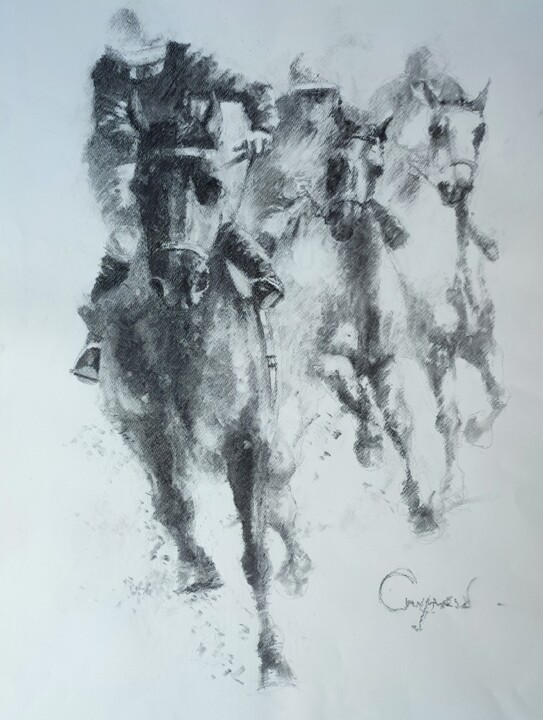 Dessin intitulée "Galop 2" par Roland Guyomard, Œuvre d'art originale, Fusain