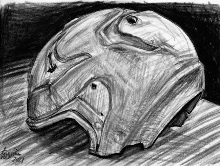 Drawing titled "Casque de motard -…" by Romain Héjé, Original Artwork, Charcoal