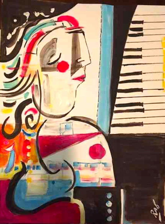 Drawing titled "femme pianiste" by Romain Mary, Original Artwork, Acrylic