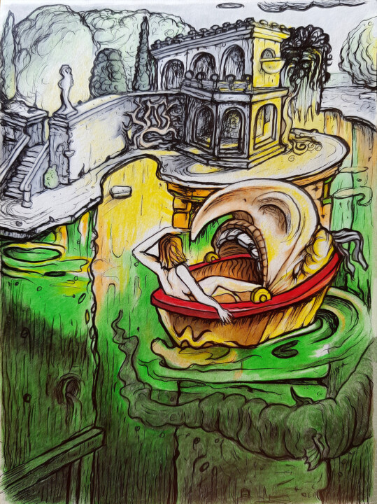 图画 标题为“The abandoned lake” 由Roman, 原创艺术品, 墨