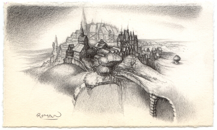 Drawing titled "Medieval town" by Roman, Original Artwork, Pencil