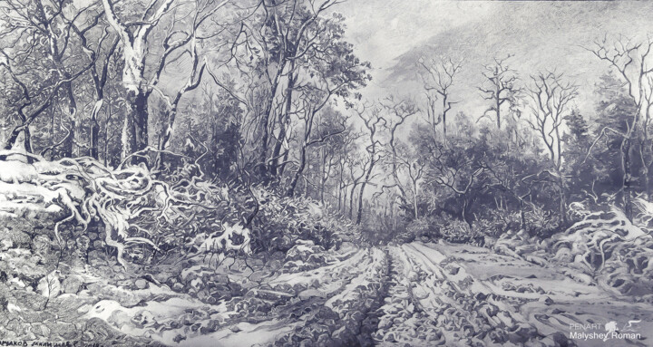Ζωγραφική με τίτλο "Зимняя дорога в лесу" από Роман Малышев, Αυθεντικά έργα τέχνης, Γραφίτης