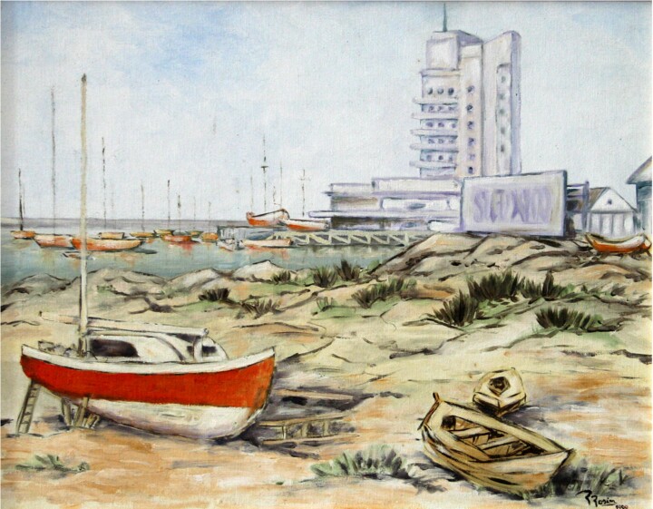 Schilderij getiteld "Puerto del Buceo" door Romina Rosin, Origineel Kunstwerk, Olie Gemonteerd op Andere stijve panelen
