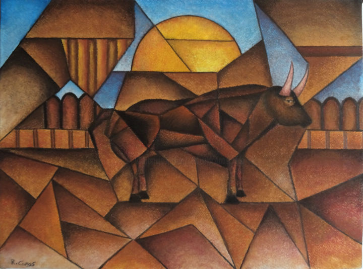 Dessin intitulée "Taureau dans le pay…" par Romuald Canas Chico, Œuvre d'art originale, Pastel