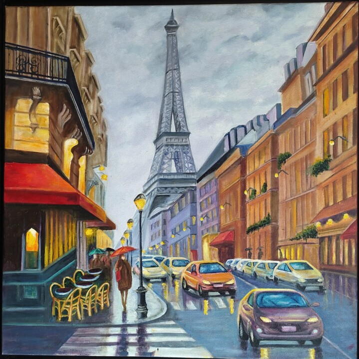 Painting titled "Lluvia en París" by Rosa M Fernández, Original Artwork, Oil Mounted on Wood Stretcher frame