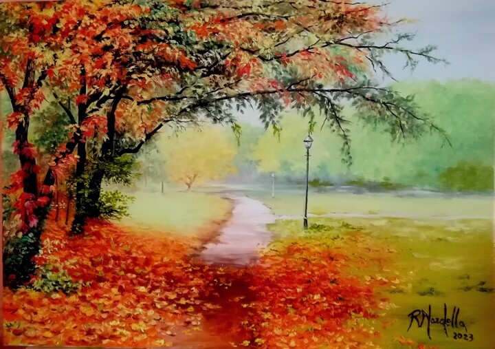 Painting titled "" L' AUTUNNO "" by Rosa Nardella, Original Artwork, Oil Mounted on Wood Stretcher frame