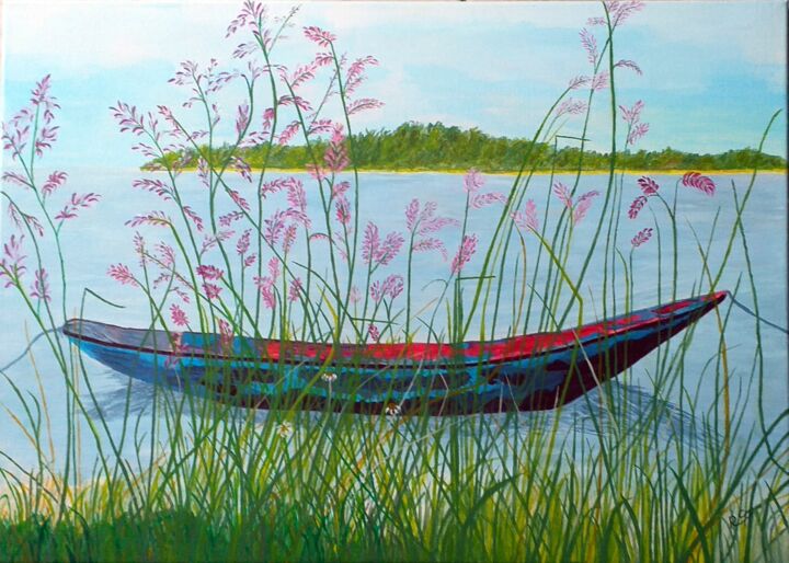 Pittura intitolato "Barque au Vietnam" da Roselyne Quinchon/Creff, Opera d'arte originale, Acrilico Montato su Telaio per ba…