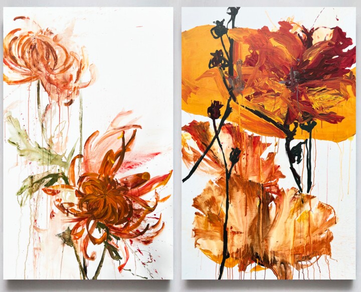 「Flower diptych 8」というタイトルの絵画 Rosi Roysによって, オリジナルのアートワーク, アクリル