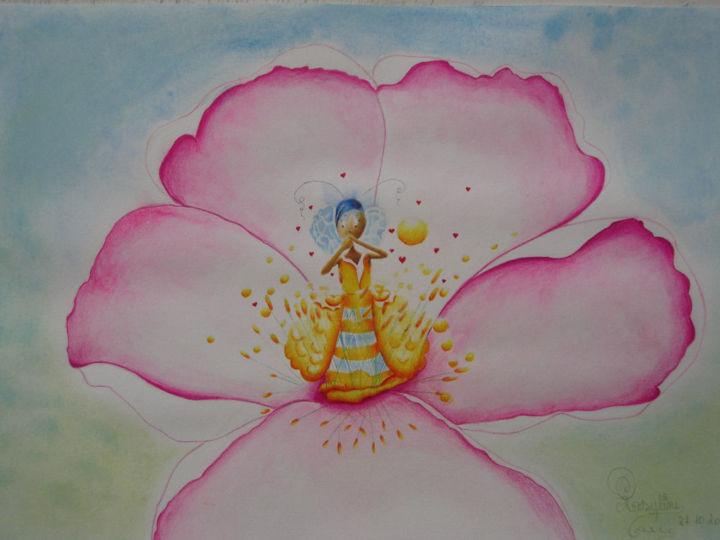 Pintura titulada "Mireille l'abeille" por Rosyline, Obra de arte original, Acuarela