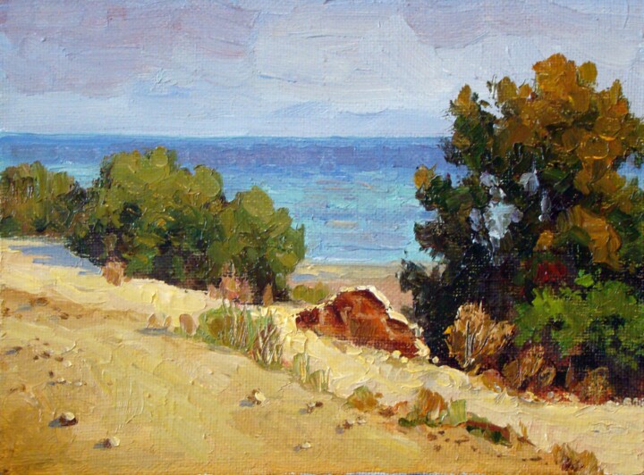 Peinture intitulée "Sandy beach. Crete" par Ruslan Sabirov, Œuvre d'art originale, Huile Monté sur Panneau de bois