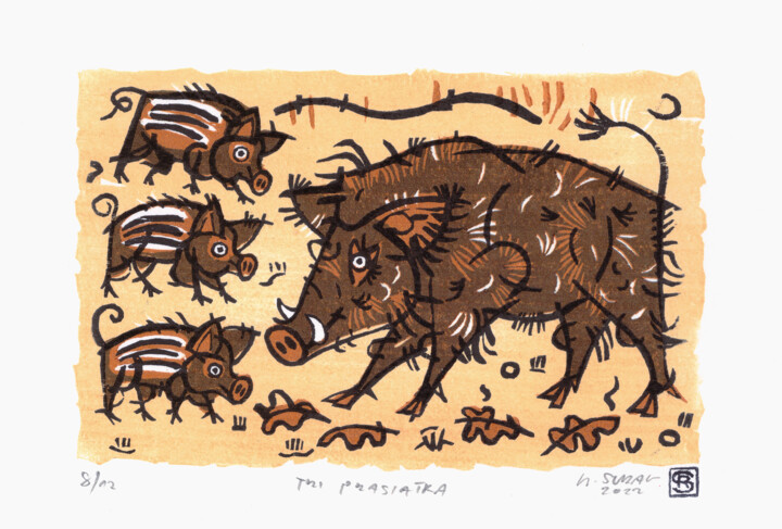 Εκτυπώσεις & Χαρακτικά με τίτλο "Three pigs" από Rudolf Suran, Αυθεντικά έργα τέχνης, Ξυλογραφία