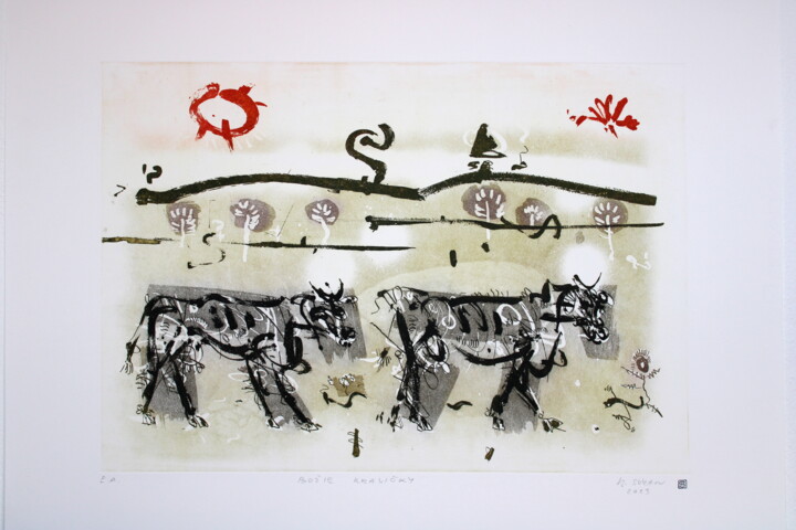 Printmaking titled "God's cows(cycle of…" by Rudolf Suran, Original Artwork, Etching
