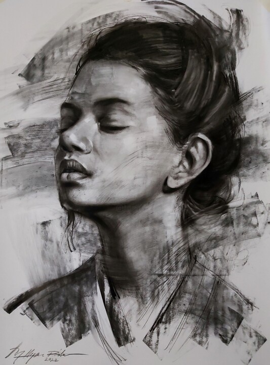 Drawing titled "portrait girl no.02" by Muh Ilyas Ruhiyat Artist, Original Artwork, Charcoal