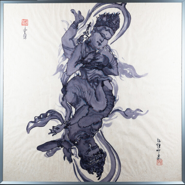 Ζωγραφική με τίτλο "Gemini Buddha" από Rui Wang, Αυθεντικά έργα τέχνης, Χρωστικές ουσίες Τοποθετήθηκε στο Αλουμίνιο