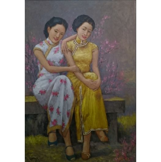 Картина под названием "Deux femmes en prom…" - Rukying Khymarn, Подлинное произведение искусства