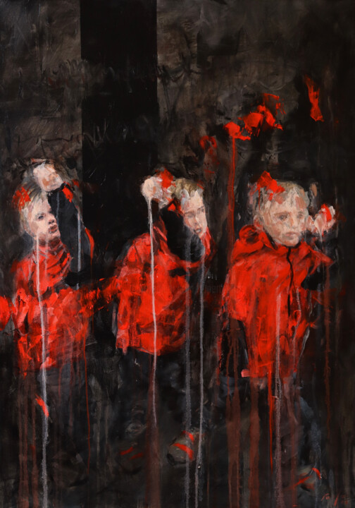 Pintura titulada "boy in a red coat" por Rupert Cefai, Obra de arte original, Oleo Montado en Bastidor de camilla de madera