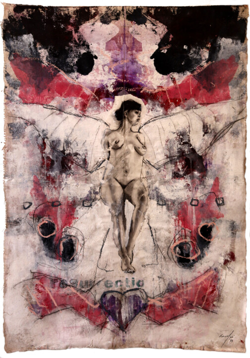 Painting titled "sindone - risurrect…" by Rupert Cefai, Original Artwork, Charcoal Mounted on Wood Panel
