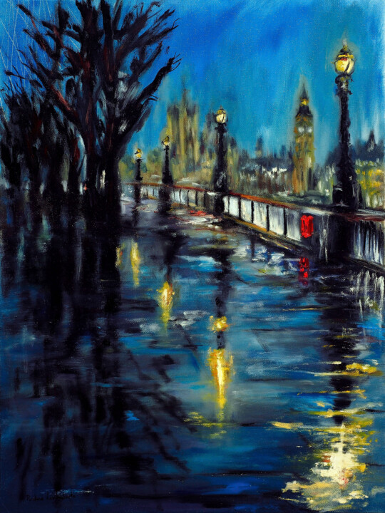 Painting titled "London, Evening Pro…" by Ruslana Levandovska, Original Artwork, Oil Mounted on Wood Stretcher frame